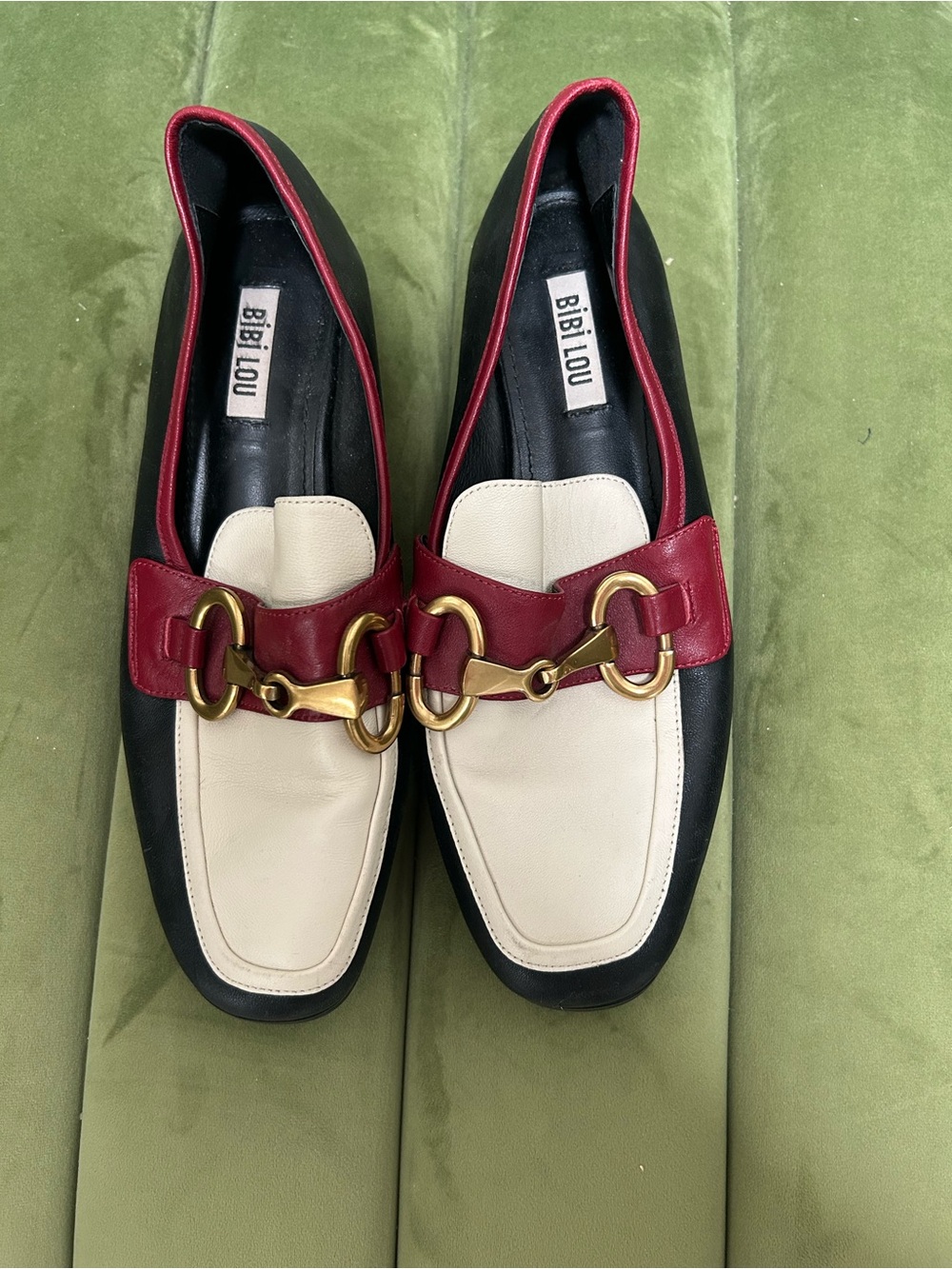 Bibi Lou Tri-Color Leather Loafers — Black, Cream & Red